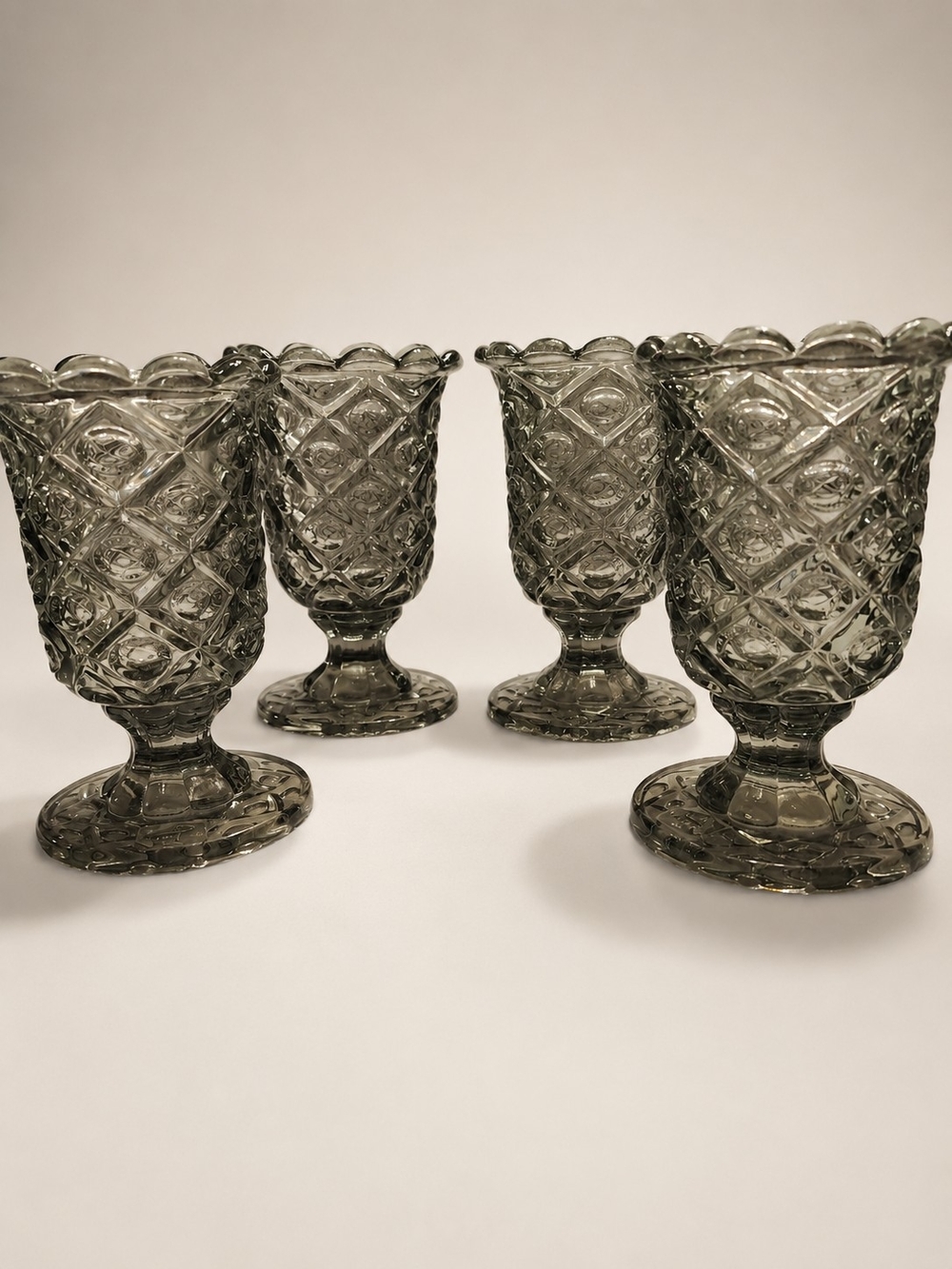 Set of 4 Vintage Viking Glass Smoke Gray Footed Vases / Goblets, Yesteryear